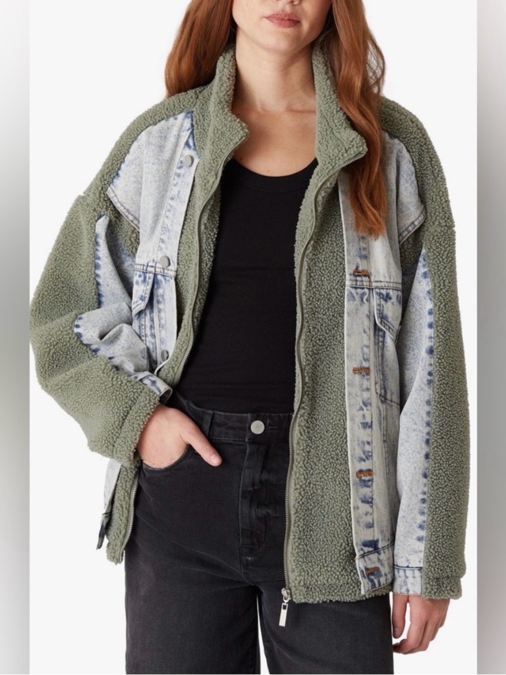 Blank NYC Olive Green Sherpa & Light Wash Denim Hybrid Jacket